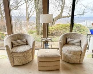 G. Romano Pair of Swivel Club Chairs and Smith Brothers Ottoman