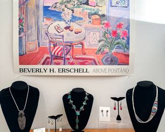 Anthony Lovato Santo Domino Sterling Necklace, Q.T. Quoc Turquoise Liquid Silver Multi Stone Multi Strand Necklace, Sterling Silver Tibetan Prayer Box, Zuni Turquoise Sterling Jewelry, Fred Davis Sterling Brooch, Sterling Carved Onyx Tribal Mask Turquoise Pendant, Sterling Buffalo Feather Earrings, Sterling Silver Brooches