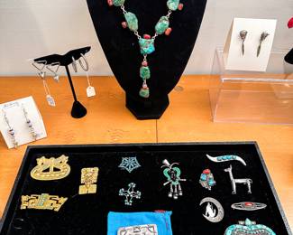 Anthony Lovato Santo Domino Sterling Necklace, Q.T. Quoc Turquoise Liquid Silver Multi Stone Multi Strand Necklace, Sterling Silver Tibetan Prayer Box, Zuni Turquoise Sterling Jewelry, Fred Davis Sterling Brooch, Sterling Carved Onyx Tribal Mask Turquoise Pendant, Sterling Buffalo Feather Earrings, Sterling Silver Brooches