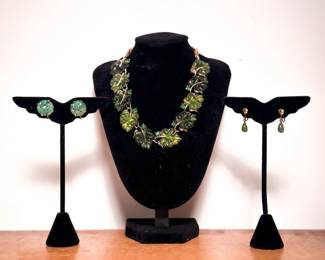 14k Gold & Jade Earrings and Lisner Jelly Green Necklace