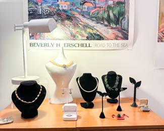 Crown Trifari Gold Nugget Necklace, Joan Rivers Necklace, Lisner Dark Lime Jelly Thermoset Oak Leaf Necklace, 12k Jade Earrings, 14k Omega Necklace, 14k Jade Earrings, 14k Opal Flower Ring, 18k Opal Earrings, 18k Opal Bracelet