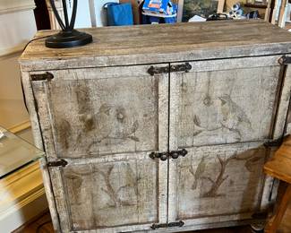 #28	Cabinet	Rustic Cabinet w/2 doors w/2 shelves inside w/birds on front - 36x15x34	 $75.00 
