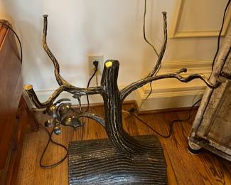 #6	Table 	Cast Metal Base Sculpture Signed by Otis 2015 - Tree Base w/Glass Beveled Top Table - 24sq x 26   (glass is 1/4" Thick)	 $425.00 
