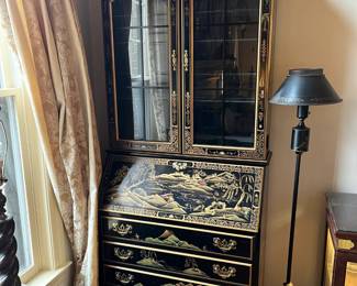 #1	cabinet	Vtg. Jasper Orig. Furn. Co. Georgian Chinoiserie Style Bureau w/drop front Secty Desk & Lighted Curio/Bookcase w/4 glass Shelves & 4 Drawers w/key  35Wx15.75Dx80.5H  Hand Painted Signed by PaulaMeyer - Very Heavy	 $950.00 
