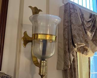 #158	Glass	Set of 2 ,Chapman gothic Cross, brass midcentury bell hurricane wall sconces. 29 in tall, depth 13 inches, width 9 1/2	 $425.00 			
