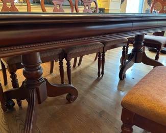 #8	Table 	Double Pedestal Dining Table w/2 leaves & 10 chairs - 68-92x42x30 - has glass protect for 3 separate Pieces 	 $525.00 
