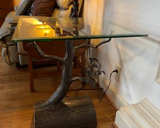 #6	Table 	Cast Metal Base Sculpture Signed by Otis 2015 - Tree Base w/Glass Beveled Top Table - 24sq x 26   (glass is 1/4" Thick)	 $425.00 
