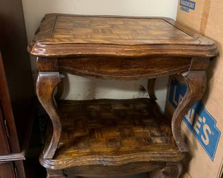 #97	Trailer	Two end tables with Queen Anne feet, oak inlay.  26x20x20.  Set	 $60.00 			
