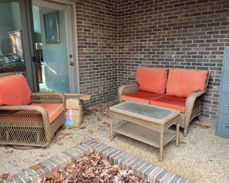 #223 Patio Martha Stewart plastic wicker loveseat and coffee table $100                                                                            #224 Martha Stewart plastic wicker chair with ottoman $75