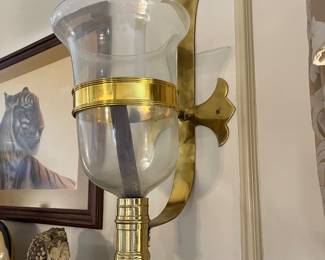 #158	Glass	Set of 2 ,Chapman gothic Cross, brass midcentury bell hurricane wall sconces. 29 in tall, depth 13 inches, width 9 1/2	 $425.00 			
