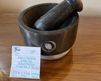 #36 Vtg. Arts/Crafts Africa Stone-/Fossil Mortar & Pestle = 5.5"W x 3.5"H - Pestle 5"Lx2"W	 $25.00 			
