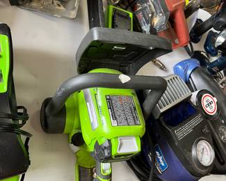 #111	Garage	Green Works 40 VT chainsaw with battery and charger	 $100.00 			
