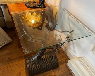 #6	Table 	Cast Metal Base Sculpture Signed by Otis 2015 - Tree Base w/Glass Beveled Top Table - 24sq x 26   (glass is 1/4" Thick)	 $425.00 
