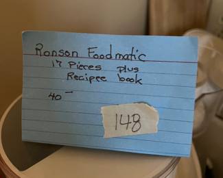 #148	Appliance	Ronson food Matic 17 Piece plus recipe book	 $40.00 			
