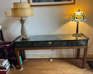 #2	Table 	MCM (1950's) Drexel Signed Heritage Chinoiserie Painted Japanese Art Consold Table w/glass top  - 57Lx14Wx27.5H	 $1,100.00 
