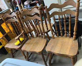 #99		As is farmhouse table, heavy oak table, one leaf  64-82 x 40 x 30  One captain chair, four regular	 $125.00 			
