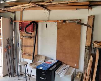 Clamps, pole saw, filing cabinets, etc.
