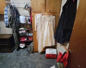 Vintage Short Wedding Dress, Camouflage Jumpsuit, Rain Suit and Pants, Baker's Rack, etc.