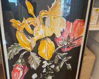 Mid - Century Watercolor 1 1/2 x 2 1/2 feet Framed in 
 Black and Gold