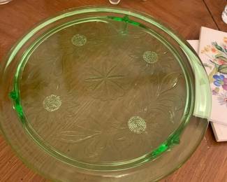 Green Uranium glass cake plate