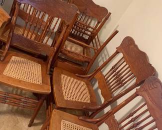 7 antique oak press back chairs with cane seats…pristine caning