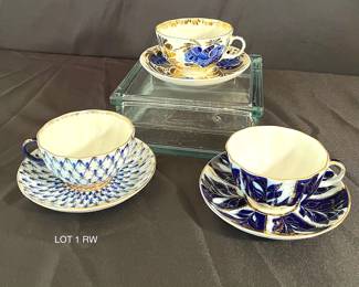 Vintage Lomonosov Tea Cup and Saucer Set, Cobalt Blue, Fishnet 3sets