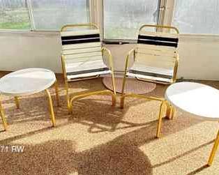 Gold Beige Navy Blue Metal Poolside Chairs and Table  4pcs