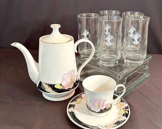 Alice by China Pearl Tea Pot, Cup with Saucer Mrs. Albee Glass Gold Trim Tumbler 