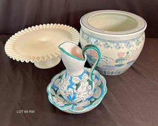Italian Water Pitcher with Bowl, Vintage Fenton Milk Glass Platter Asian Style Planter 