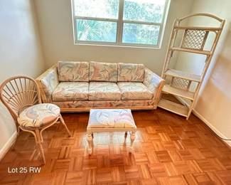 Three Seater Bamboo Frame Flowered Upholstery Sofa Bed Couch, Arched Back Rattan Shelf more