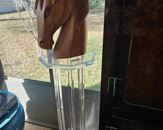 Lucite plant stand and wood carved horse