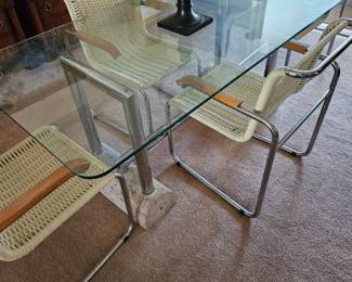 Thonet style glass, chrome and coquina shell dining room table