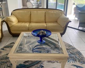 2 Spagnesi Scroll Arm Three Cushion Sofas White wash glass coffee table with matching End table and behind the couch console table