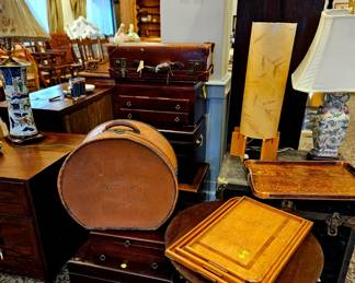 Trunks, Wooden Silverware boxes, vintage suitcases