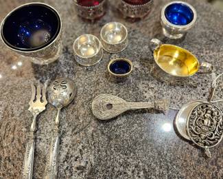 Various silver with cobalt and cranberry glass liners, unique victorian sterling items, Chatelaine items