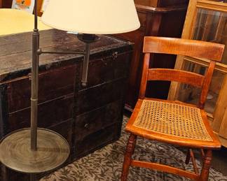 Tiger Oak cane chair and side lamp