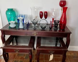 Set of three tables. 
Fenton glassware. 
Bohemian glass. 