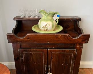 Pine dry sink. 
Pitcher and bowl. 
Cordial glasses. 