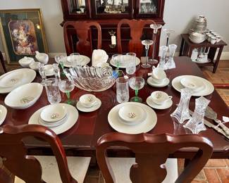 Cherry table and six chairs. 
Japan China
Center Mikasa bowl. 