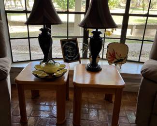 Two Oak tables of set of three. 
Two matching table lamps. 