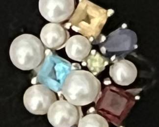 Large vintage pearl and gemstone cocktail ring