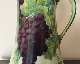 K & G Luneville France Tall Vintage Porcelain Pitcher with Grapes and Vines, Gold Trim, 1920's