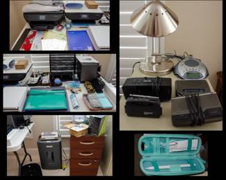 HP Printers, desk lamp, Apple pen, Bush file cabinet, metal 3 drawer cabinet (not shown), shredder, Bose computer speakers