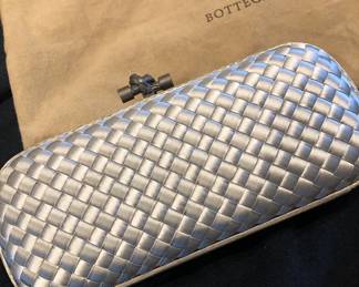 BOTTEGA VENETA SATIN WOVEN CLUTCH WITH KNOT CLASP AND SNAKESKIN BORDER