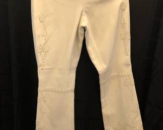 CACHE WHITE LEATHER PANTS WITH FLOWER STICHING