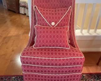 $110 USD     MAKE OFFER Rose Red Upholstered Accent Chair TM193-14      Red and Regal!  This is a showstopper chair.  Imagine it decorating a corner or a centerpiece in a family room.  The possibilities are endless.

Dimensions: 26 x 26 x 43"H

Fair condition - See pulls on back of chair fabric.

Local pick up Sterling, VA.  Contact us for shipper suggestions.      https://goodbyhello.com/products/rose-red-upholstered-accent-chair-tm193-14?_pos=3&_sid=07fb111e5&_ss=r