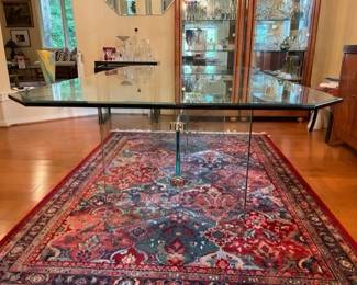 $800 USD     MAKE OFFER MCM Glass & Brass Double Pedestal v Dining/Conference Table Pace TM193-6    Stunning vintage modern all glass dining table V double pedestal base with incised draped design and four polished brass plated aluminum connectors in the style of Pace. Beautiful condition, keeping in mind that this is vintage and not new so will have signs of use and wear.

Dimensions: 84 x 45 x 28"H

Condition:  Very good condition

Local pick up Sterling, VA.  Contact us for shipper suggestions.      https://goodbyhello.com/products/mod-glass-brass-double-pedestal-v-dining-conference-table-tm192-6?_pos=14&_sid=07fb111e5&_ss=r