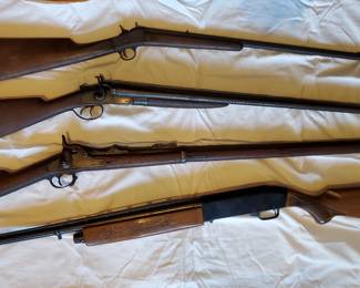 Top: Remington 22, Model 4, Early Edition. (SOLD!)
Hollis Club Gun, side by side, Damascus steel.
Springfield 1873 D4, 55721, July-Sept 1875.
Sears Roebuck Ted Williams 300.
