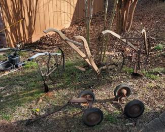Vintage garden plows & wagon base w/ Goodyear tires
