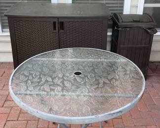 Round Table, Storage Unit and Trash Receptacle